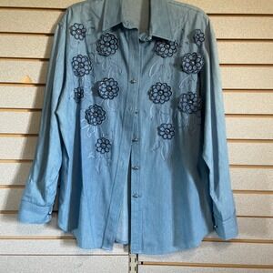 Howard Wolf Denim‎ Button Down Shirt Floral Applique Western Style Size 10 Large